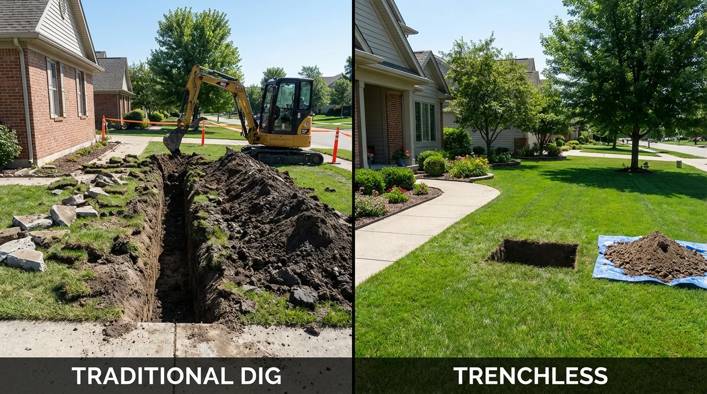Trenchless sewer repair with minimal yard damage versus traditional excavation in Pittsfield, MA
