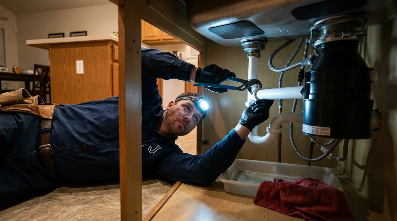 P-trap and supply line connections under a kitchen sink showing a common leak point in Pittsfield, MA